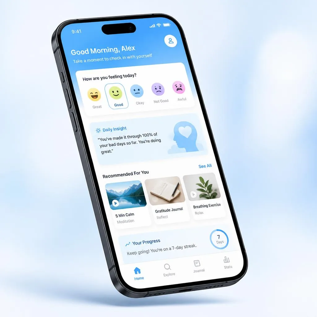 Stress Free App smartphone mockup showing mood check-in and wellness resources